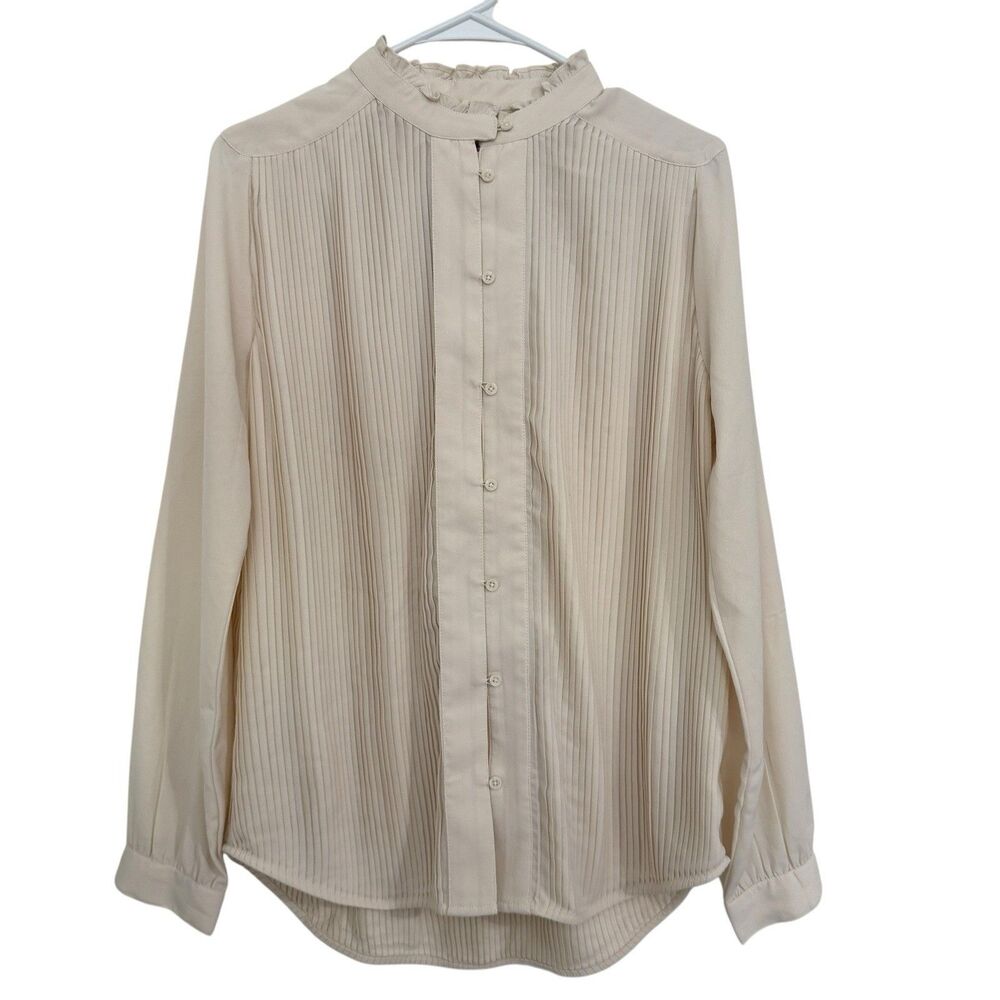 Treasure & Bond Women’s SMALL Pleated Button Down Shirt Cream Long Sleeve Preppy